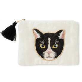 キャットフェイス 刺繍 フラットポーチ ≪ブラック≫ 猫モチーフ 18cm×13cm ビーズ刺繍 コスメポーチ ガジェット ケース 小物入れ 手帳 通帳 ポーチ 【メール便220円可】