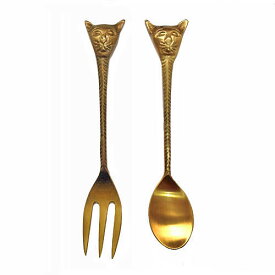 CAT CUTLERY キャットフェイス カトラリー ≪ケーキ フォーク / ティー スプーン≫ （ゴールド） アンティーク調 【メール便可220円】