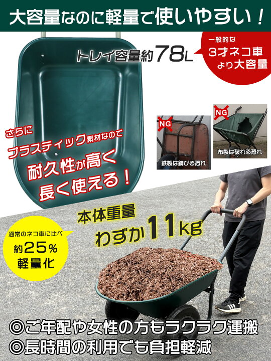 楽天市場】二輪車 ネコ ノーパンクタイヤ 耐荷重150kg 容量78L 一輪車 