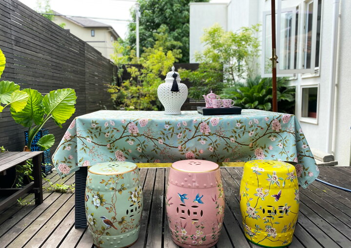 シノワズリ 円柱スツール 陶器製 スツール 花台 イス ペイント 北欧  