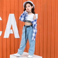 キッズダンスダンス衣装ヒップホップ3点セットデニムパンツセットアップヘソ出し女の子男の子シャツパンツベストタンクトップ長袖男女兼用チェック柄ロングパンツジャッズワイドパンツ韓国風ヒップホップストリート上下ダンスウェアジュニア