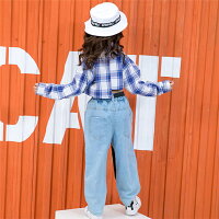 キッズダンスダンス衣装ヒップホップ3点セットデニムパンツセットアップヘソ出し女の子男の子シャツパンツベストタンクトップ長袖男女兼用チェック柄ロングパンツジャッズワイドパンツ韓国風ヒップホップストリート上下ダンスウェアジュニア
