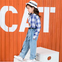 キッズダンスダンス衣装ヒップホップ3点セットデニムパンツセットアップヘソ出し女の子男の子シャツパンツベストタンクトップ長袖男女兼用チェック柄ロングパンツジャッズワイドパンツ韓国風ヒップホップストリート上下ダンスウェアジュニア