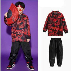 キッズダンス 和風 セットアップ レッド 赤 男の子 女の子 子供服 チアダンス ダンスウェア 刺繍 可愛い ダンス衣装 学生 演出 発表会 ダンス 舞台 文化祭 チアガール チアダンス
