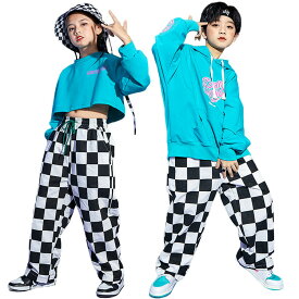 子供服 パーカー 青 パンツ チェック柄 キッズダンス衣装 セットアップ こども服 ヒップホップ 衣装 男の子 女の子 ダンス 衣装 トップス 長袖 パンツ ロング丈 ズボン ストリート系