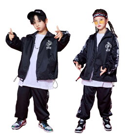 キッズダンス セットアップ 子供服 ジャケット ズボン 黒 ブラック 韓国ファッション 女の子 男の子 子供衣装 長袖 秋 春 ダンス衣装 おしゃれ hiphop チアダンス 演出 発表会 団体