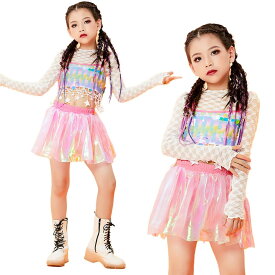 子供服 スパンコール ピンク ダンス衣装 キッズダンス 女の子 チアガール へそ出し スカート 3点セット キラキラ スパンコール jazz ダンスウェア 団体演出 発表会 演出服