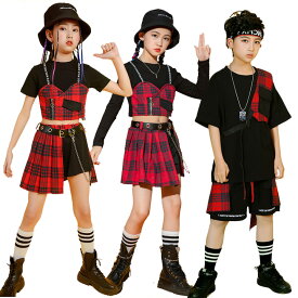 キッズダンス衣装 セットアップ 女の子 男の子 ヒップホップ 子供服 ダンス 衣装 キッズ パンツ スカート キッズダンス 衣装 チェック 半袖 長袖 韓国 チア 体操服 応援団 舞台服 上下 110-170