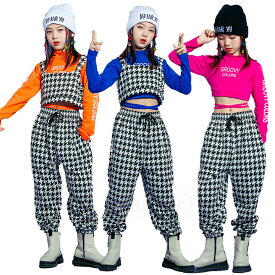 キッズ ダンス 衣装 ヒップホップ セットアップ ビスチェ 子供 ストリート チェック パンツ hiphop オレンジ ブルー クロップトップ パンツ トップス シャツ 千鳥柄 長袖 キッズ 女の子 ステージ衣装 演出服 kpop 送料無料