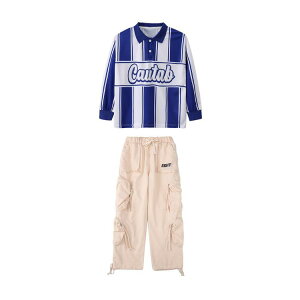 白 青 ストライプ柄 ベースボールシャツ キッズダンス衣装 セットアップ 野球服 ヒップホップ 衣装 キッズ 子供服 男の子 女の子 シャツ ゆるシャツ 長袖 パンツ ベージュ カーゴパンツ イベ