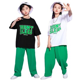 子供服 tシャツ 白 黒 パンツ 緑 キッズダンス衣装 セット ヒップホップ 衣装 男の子 女の子 ダンス衣装 キッズ服 上下 練習着 小学生 ストリート系