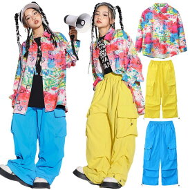 子供服 ダンス 衣装 キッズ セットアップ ヒップホップ 単品 長袖 チョッキ シャツ ロングパンツ カーゴパンツ ブルー イエロー ヒップホップ キッズダンス 男の子 女の子 セットアップ ストリート ダンスウェア 原宿系 おしゃれ レッスン シャツ パンツ hiphop jazz ピンク