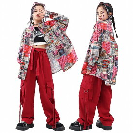 キッズダンス衣装 柄シャツ 長袖 カーゴパンツ 赤 キッズ k-pop ダンス衣装 セットアップ 子供服 ヒップホップ 女の子 男の子 シャツ パンツ ズボン 練習着 ストリート系