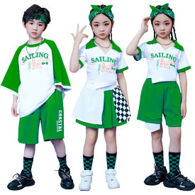 キッズ ダンス 女の子 子供ダンス ダンスウェア 男の子 グリーン ホワイト パンツセット 2点セット Tシャツ 半袖 へそ出し 可愛い スカート パンツ 学生 ダンス衣装 hiphop jazz ジャズ 演出 発表会 ダンス 舞台 体育会 チアガール 応援ダンス服