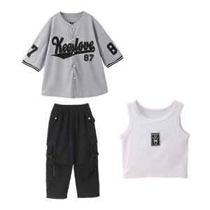 ベースボールシャツ ダンス衣装 野球服 子供服 キッズダンス衣装 トップス ダボダボ カーゴパンツ 黒 ヒップホップ キッズ 練習着 ダンス 衣装 女の子 男の子 ゆるシャツ ズボン 子供ダンス