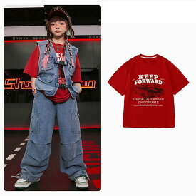 ダンス衣装 セットアップ 英字柄 上下 社交ダンス 単品 ベスト Tシャツ デニムパンツ 舞台服 演出服 キッズ ダンス 衣装 jazz 男の子 女の子 ステージ衣装 おしゃれ 子供服 ヒップホップ デニム ジーンズ k-pop パンツ ストリート系 グリーン レッド ブルー 普段