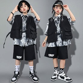 キッズダンス衣装 セットアップ hiphop 中華風 チャイナー風 タイダイ柄 キッズ ファッション 女の子 男の子 ベスト シャツ 短パン 3点セット K-POP 子供服 応援団 演出服 練習着 普段着 ステージ衣装 ヒップホップ 上下セット おしゃれ かっこいい ゆったり ジュニア