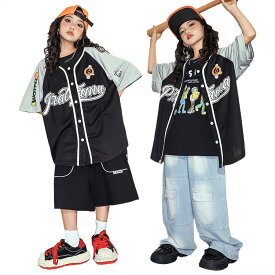 キッズ ダンス 衣装 ベースボールシャツ 半袖 パンツ 黒 青 子供服 ヒップホップ キッズ ダンス衣装 シャツ ベスト 黒 デニムパンツ ズボン パンツ ショート丈 ストリート系