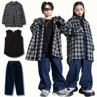 タータンチェック ダンス衣装 HIPHOP キッズ ゆるシャツ 長袖 デニムパンツ ロング丈 キッズダンス衣装 …