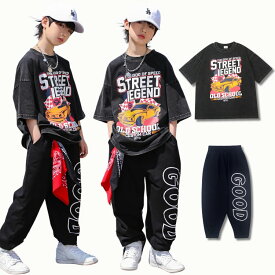 キッズダンス衣装 セットアップ 黒 衣装 ダンス キッズ tシャツ デニム 子供服 韓国風 ヒップホップ ファッション セットアップ 男の子 かっこういい キッズ トップス 半袖 ダンス パンツ ロング丈 ズボン キッズ ダンス セットアップ 子供服 おしゃれ