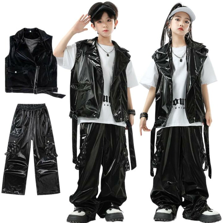 楽天市場】ダンス衣装 レザー ベスト 上下セット アイドル風 黒 団体服 