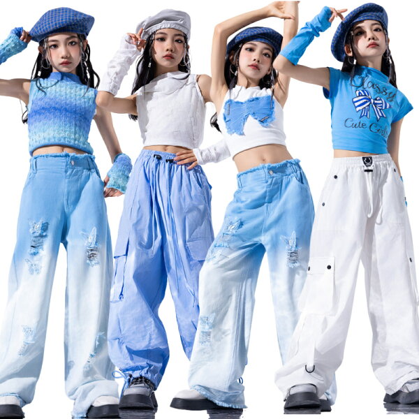 白 ブルー キッズ ダンス衣装 セットアップ  女の子 y2k グラデーション トップス デニムパンツ チア ヘソ出し ジャズ チア ヒップホップ 演出服 派手 おしゃれ カーゴパンツ ロングパンツ k-pop 衣装 jazz ステージ衣装 発表会 練習服