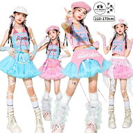 キッズ ダンス衣装 ガールズ K-POP 韓国風 セットアップ ピンク 水色 パステル チュチュ スカート へそ出…