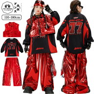 キッズ ダンス 衣装 セットアップ 赤 黒 ロンT ベスト カーゴパンツ ヒップホップ ダンス衣装 HIPHOP K-P…