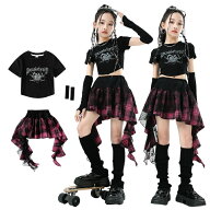 キッズダンス衣装 セットアップ 黒 チェック柄 スカート 女の子 ヒップホップ k-pop 韓国 ガールズ 単品…