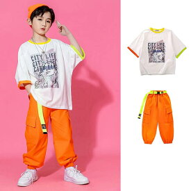 キッズ ダンス 衣装 セットアップ ヒップホップ 男女兼用 Tシャツ パンツ 上下セット HIPHOP かっこいい ゆるシャツ オレンジ 韓国 ダンス衣装 2点セット チアーガール 女の子 男の子 ジャズダンス 発表会 応援団 イベント ステージ衣装 運動会 演出服 110-180cm