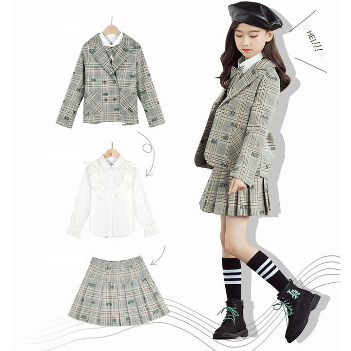 楽天市場 卒業式 スーツ 女の子 140 150 160 小学生 韓国 スカート チェック柄 子供服 スーツ 女の子 卒業式 入学式 小学生 フォーマル 3点セット ジャケット スカート シャツ セットアップ キッズ 長袖 女の子 春秋 子ども服 上下3点セット 女の子 ジュニア スカート