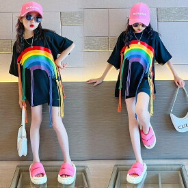 子供服 ロングTシャツ ワンピース 黒シャツ 虹色 可愛い キッズファッション 女の子 子供 半袖 ゆるシャツ 大きいサイズ カジュアル 韓国