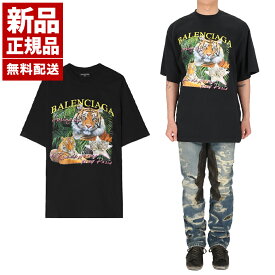 【新品 正規品】バレンシアガ BALENCIAGA Large Fit ラージフィット タイガー ロゴ プリント ユニセックス ブラック コットン Uネック Tシャツ 681314 TLVH2 1000