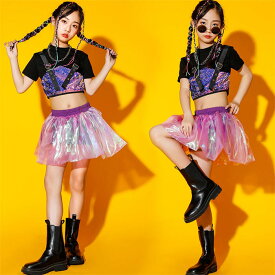 子供服 セットアップ 女の子 ダンス衣装 ダンスウェア トップス 半袖 踊り スカート スパンコール ヒップホップ ジャズダンス 子供 ダンス服 ダンス着 ステージ 2点セット ストリートダンス ファッション カッコイイ イベント衣装 ステージ衣装 モダンダンス 春夏 ピカピカ