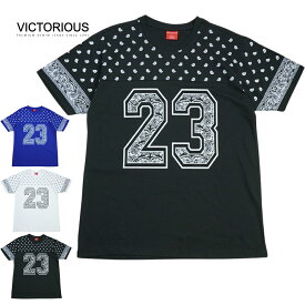 【クリックポスト発送】VICTORIOUS ビクトリアスメンズ TシャツPAISLEY T-SHIRTSペイズリー柄 クルーネック半袖WHITE ホワイト ROYAL BLUE ロイヤルブルーBLACK ブラック青 黒 白 ストリート オーバーサイズ ストーン付き バンダナ ロサンゼルス