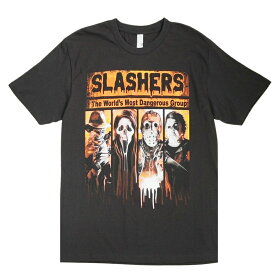 メンズ Tシャツ【クリックポスト対応可】SLASHERS THE WORLD'S MOST DANGEROUS GROUP TEEスラッシャー プリントTシャツBLACK(ブラック)男女兼用 黒 半袖 TSHIRTS 殺人鬼ホラー 映画Tシャツ スクリーム ジェイソン 大判プリント