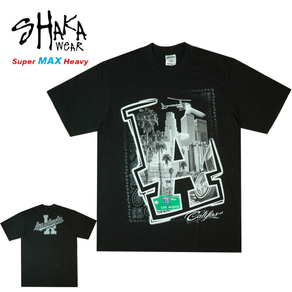 メンズ Tシャツ 【クリックポスト発送】 SHAKA WEAR BODY シャカウェアボディ使用 LA DOWNTOWN BIGLOGO CALIFORNIA ロサンゼルス Tシャツ ビッグロゴ 黒 ブラック 両面 男女兼用 黒 半袖 ロサンゼルス HIPHOP ラッパー モノトーン チカーノ チカーナ