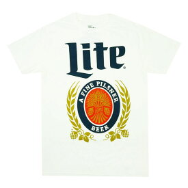 メンズ レディース Tシャツ【クリックポスト対応可】MILLER LITE BEER TEE ミラーライト Tシャツビールロゴ クラシックデザイン ホワイト 半袖Tシャツ企業ロゴ 白 お酒 でかプリント男女兼用 ジェンダーフリー ヴィンテージ エンブレム