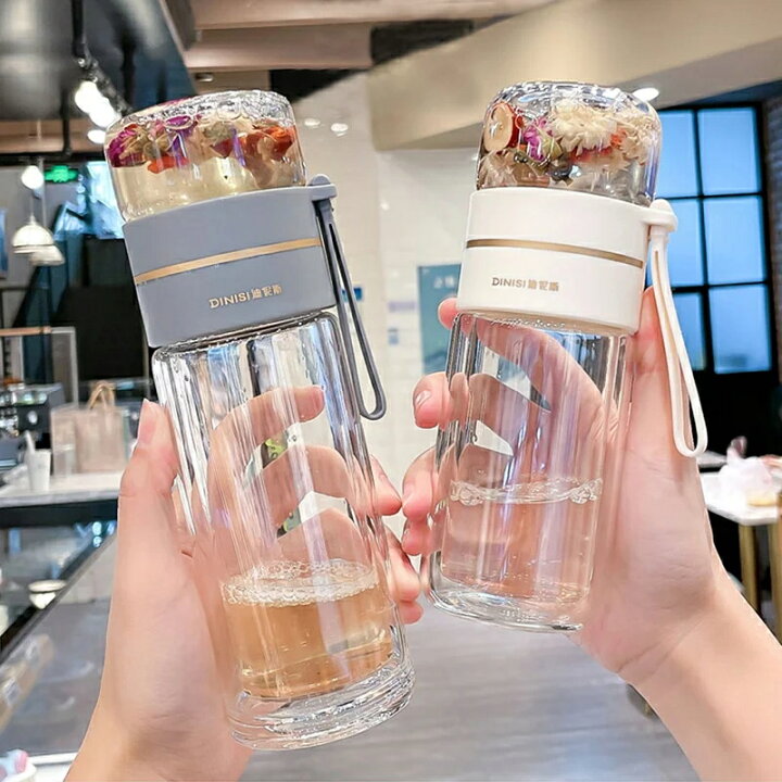 楽天市場 水筒 二重ガラス 分離式水筒 茶こし付き おしゃれ耐熱耐冷 自宅用 勤務先 旅行スポーツ アウトドアガラスコップ 携帯便利 450ml The One