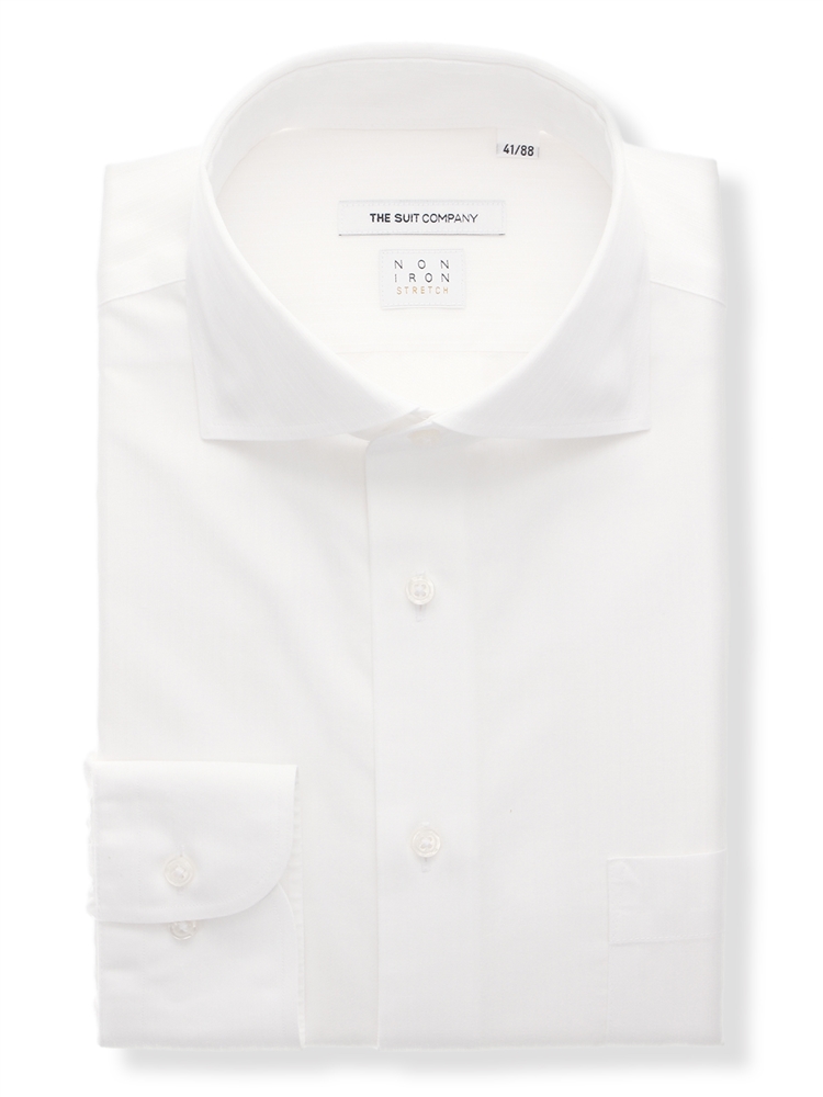 色々な FIT 織柄 ホリゾンタルカラー ノンアイロンストレッチ 長袖 ワイシャツ ドレスシャツ ザ・スーツカンパニー ホワイト ワイシャツ