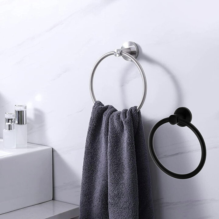 楽天市場 2個目半額クーポン タオルハンガー タオル掛け タオルリング おしゃれ 丸地 タオルかけ たおるかけ 洗面所 タオルホルダー 壁面付 工具付き ステンレス ブラック シルバー 浴室 バスルーム キッチン 台所 トイレ タオル ハンガー The One生活館