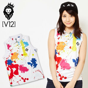 V12 ゴルフ ヴィ・トゥエルヴ レディース DRIPPING ノースリーブポロシャツ V121910-CT06 02/White ホワイト 春夏【新品】ZAAQ ゴルフウェア トップス N/S 落書き ペンキグラフィック ドリッピング おし