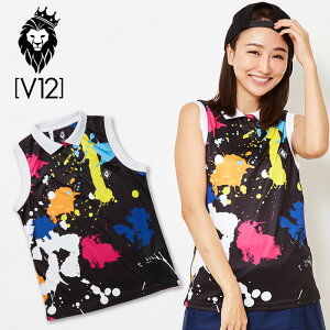 V12 ゴルフ ヴィ・トゥエルヴ レディース DRIPPING ノースリーブポロシャツ V121910-CT06 19/Black ブラック 春夏【新品】ZAAQ ゴルフウェア トップス N/S 落書き ペンキグラフィック ドリッピング おし