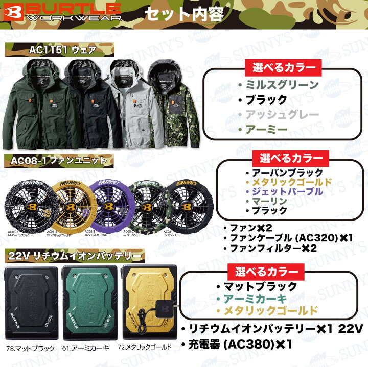 BURTLE AIR CRAFT アーミカーキバッテリー+メタリックゴールドファン 