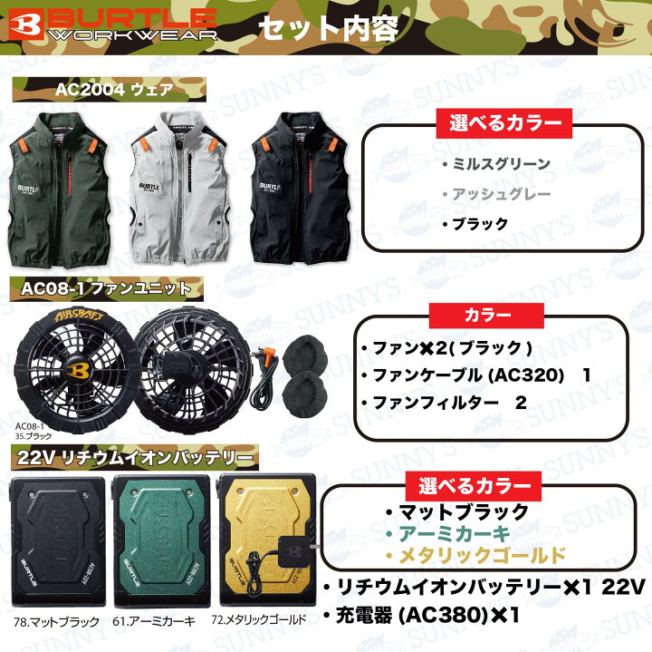 BURTLE AIR CRAFT アーミカーキバッテリー+メタリックゴールドファン 