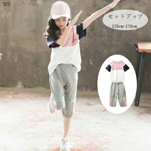 韓国子供服 女の子 セットアップ レジャー 夏服 ジャージ Tシャツ+パンツ 2点セット ガールズ 学生 半袖Tシャツ 五分丈パンツ 夏着 通学着 運動着 旅行 お出かけ おしゃれ パンツセット 涼し