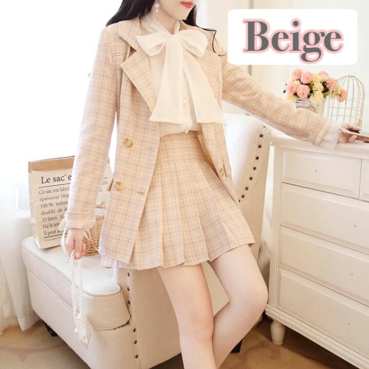 楽天市場 セットアップ レディース 高校生 中学生 ガーリー 制服風 コーデ 3点セット シャツ チェック柄 ジャケット プリーツ ミニスカート 3213 Threefashion
