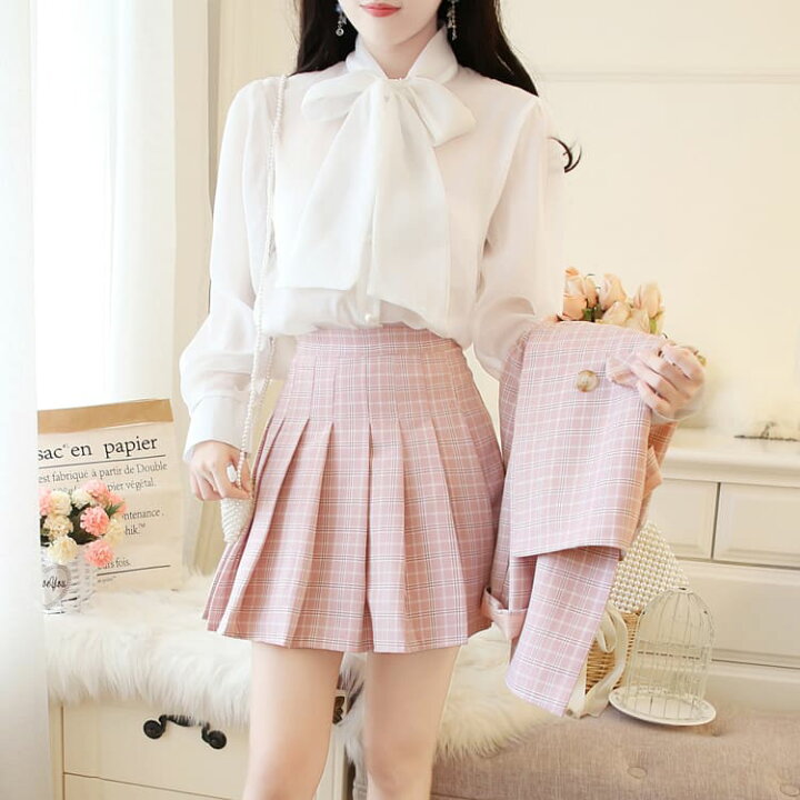楽天市場 セットアップ レディース 高校生 中学生 ガーリー 制服風 コーデ 3点セット シャツ チェック柄 ジャケット プリーツ ミニスカート 3213 Threefashion