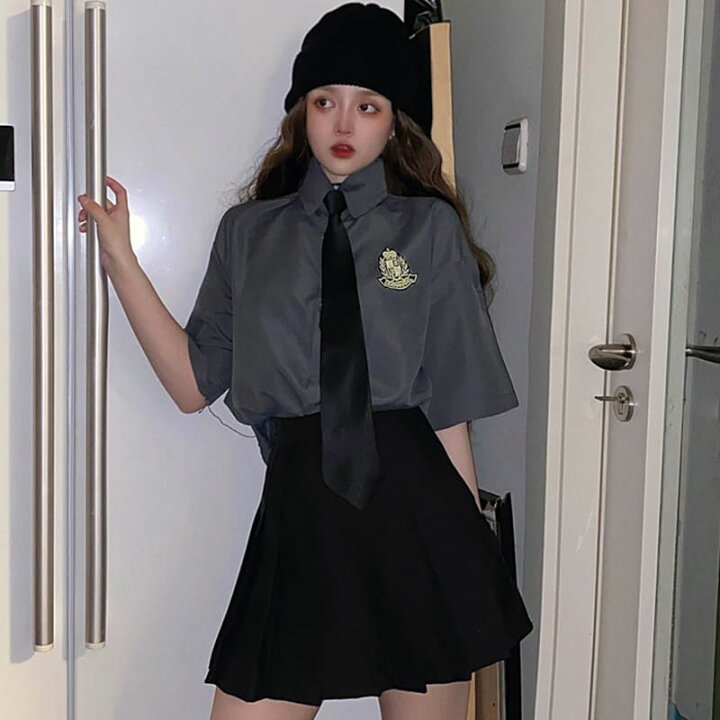 楽天市場 セットアップ レディース 高校生 中学生 10代 代 シャツ スカート ネクタイ トップス おしゃれ 学生服風 衣装 ハロウィン ダンス 原宿系 韓国 ファッション 5101 Threefashion