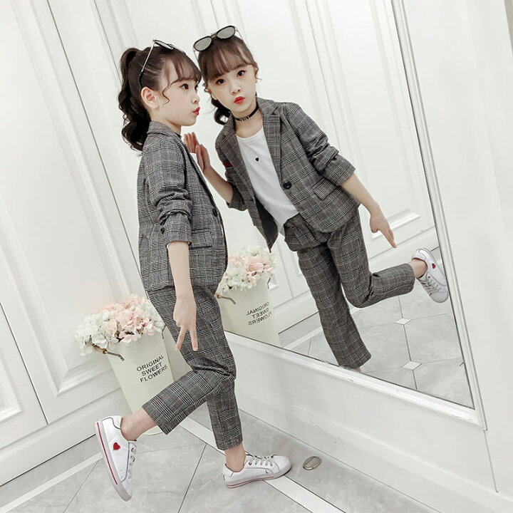 楽天市場 子供服 フォーマルスーツ 女の子 子供スーツ 長袖 ジャケット 長ズボン 2点セット パンツスーツ チェック柄 上下セット 入学式 卒園式 スーツ 普段着 結婚式 4004 Threefashion